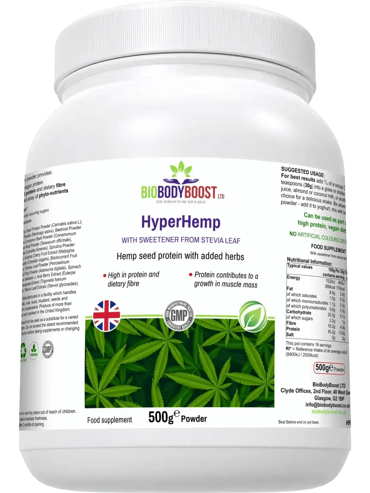 HyperHemp Vegan Hemp Protein Powder – 500 g | Plant‑Based, High Protein, UK‑Made