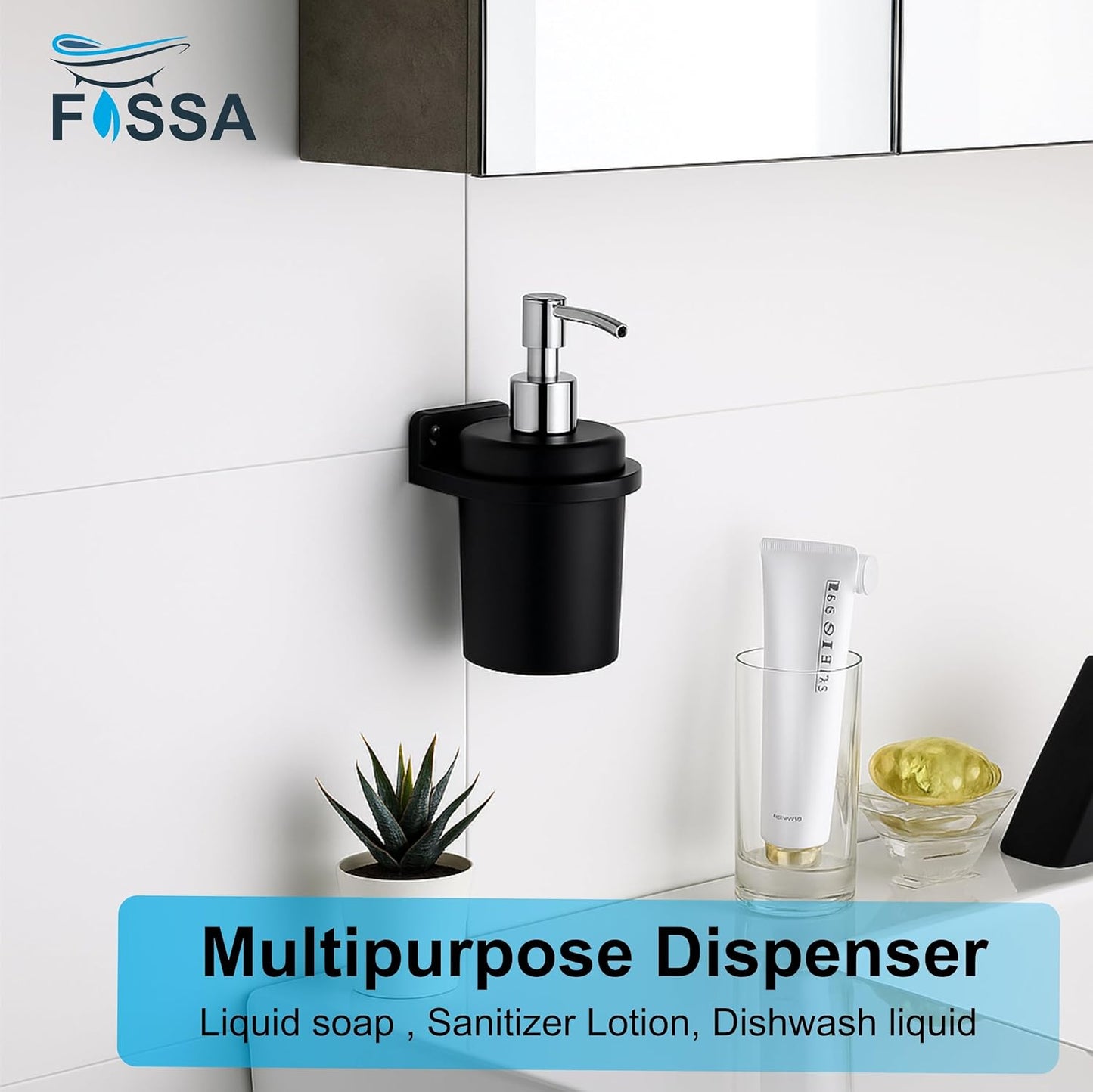 Fossa Classy Wall Mounted Soap Dispenser for Bathroom & Kitchen β Dispenser for Hand Wash, Face Wash, Shampoo & Dish Liquid | Ceramic Body Black (Glossy Finish)