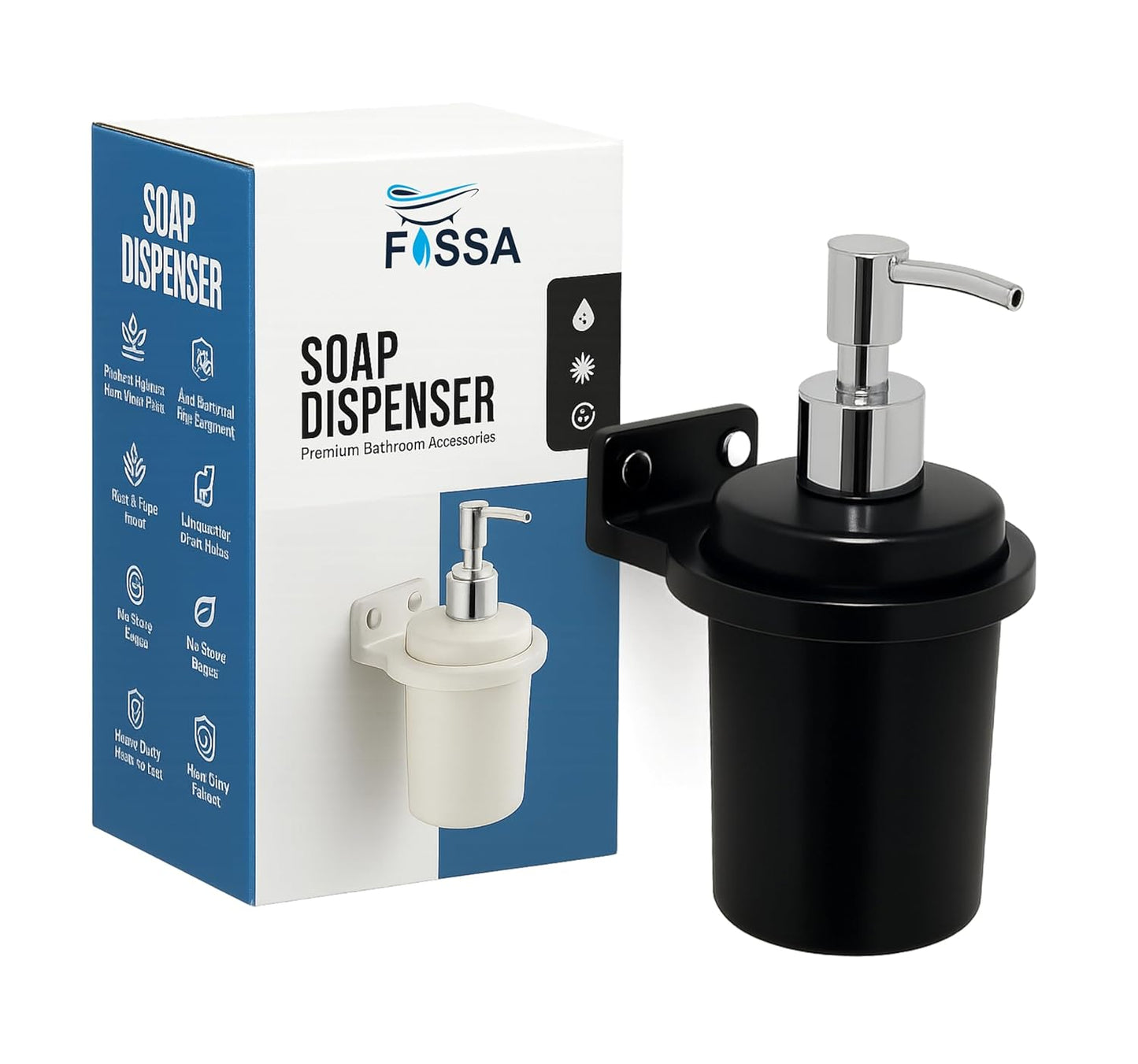 Fossa Classy Wall Mounted Soap Dispenser for Bathroom & Kitchen β Dispenser for Hand Wash, Face Wash, Shampoo & Dish Liquid | Ceramic Body Black (Glossy Finish)