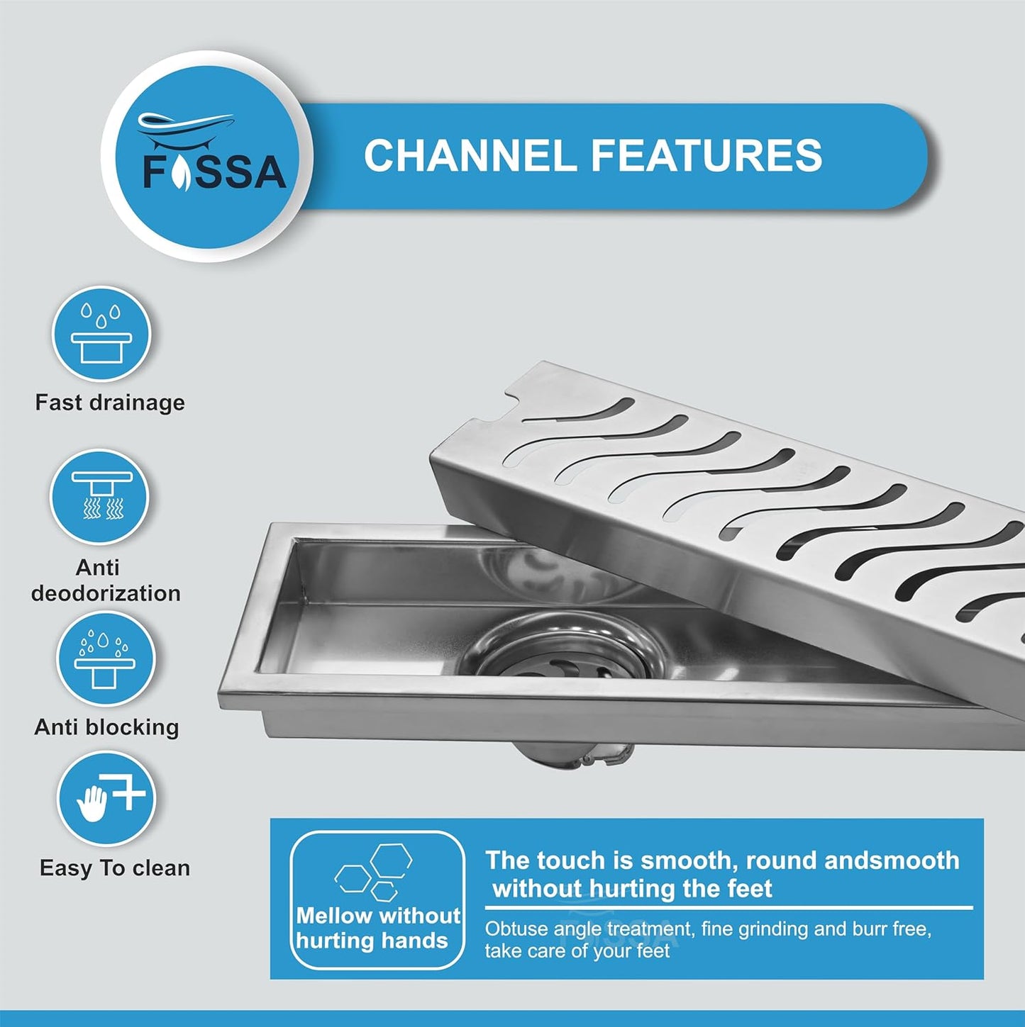 Fossa 12"x4" Shower Wave Brushed Drain Side Hole Rectangular Floor Drain with Accessories Wave Hole Pattern Cover Grate Removable 304 Stainless Steel (12 inch)