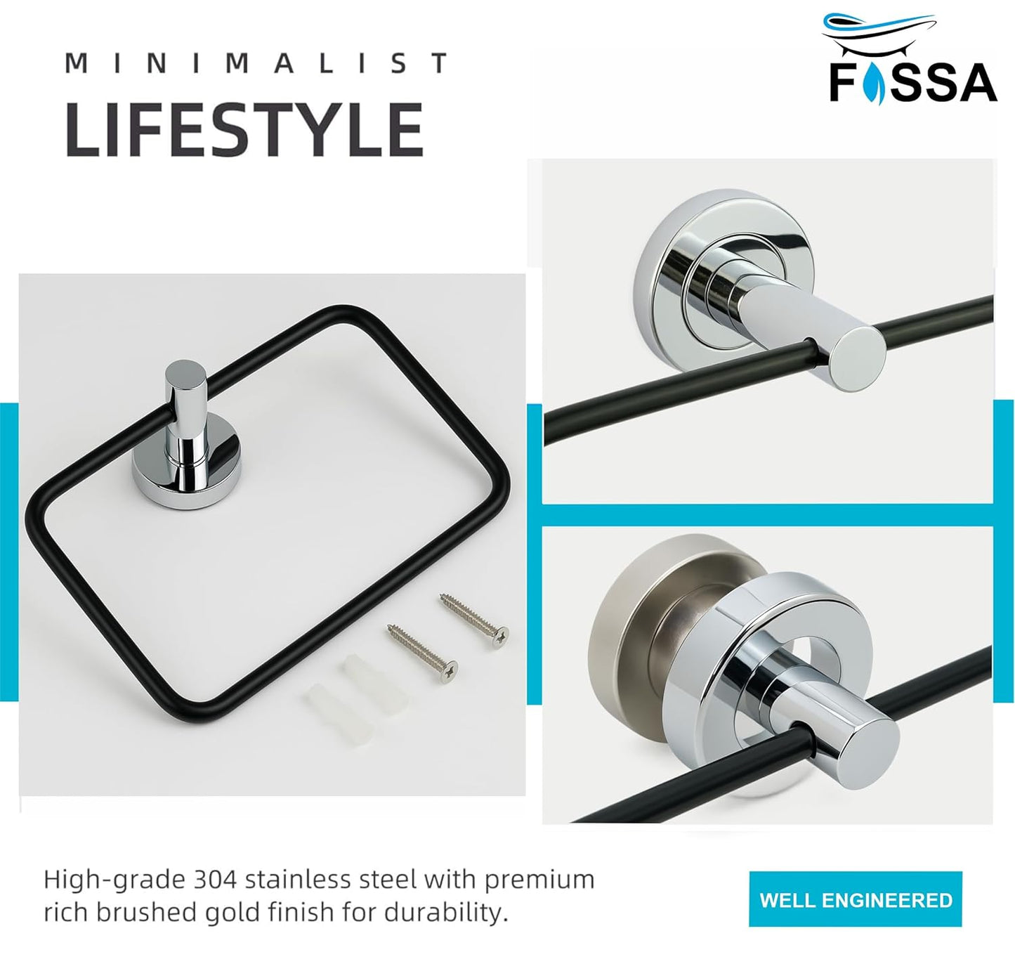 Fossa Stainless Steel Square Towel Ring for Bathroom, Napkin Holder for Wash Basin, Napkin Holder Chrome Finish (Black + Silver)