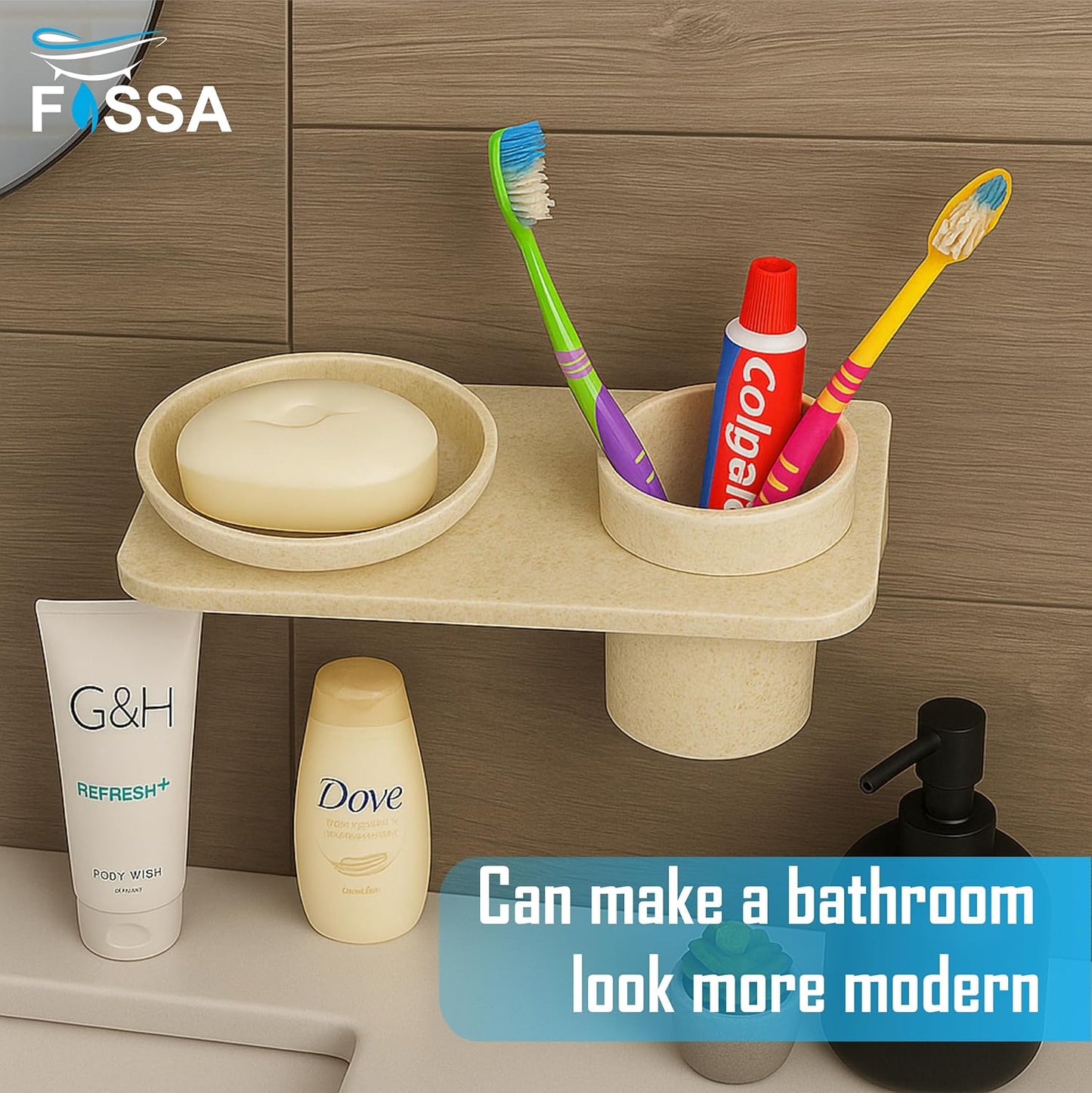 Fossa Classic Ceramic Wall Mounted Soap Dish with Toothbrush Holder β Compact Bathroom, Anti-Bacterial, Rust & Fade Resistant | Modern Soap Holder for Daily Use | Ivory (Glossy Finish)