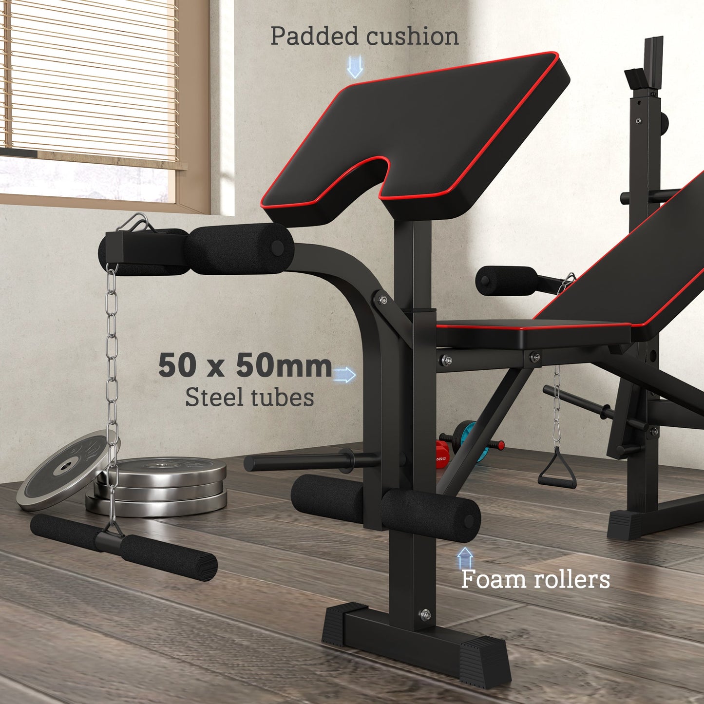 Folding Weight Bench with Bench Press Rack, Preacher Curl Bench, Leg Curl Machine, Incline or Flat Workout Bench for Home Gym Strength Training Weight Lifting