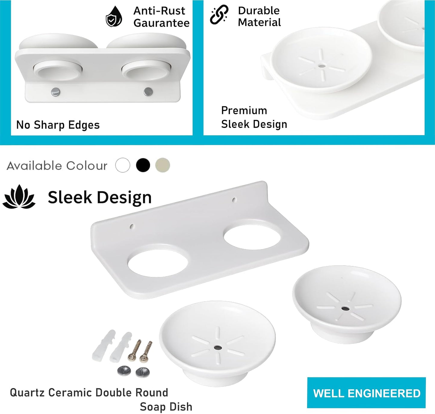 Fossa Classic Quartz Ceramic Unbreakable Double Round Soap Dish – Wall Mounted, Rust-Proof, Self-Drain | Space-Saving Soap Holder for Bathroom – White (Glossy Finish)