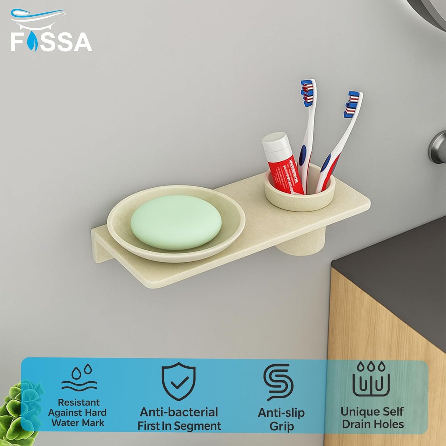 Fossa Classic Ceramic Wall Mounted Soap Dish with Toothbrush Holder – Compact Bathroom, Anti-Bacterial, Rust & Fade Resistant | Modern Soap Holder for Daily Use | Ivory (Glossy Finish)