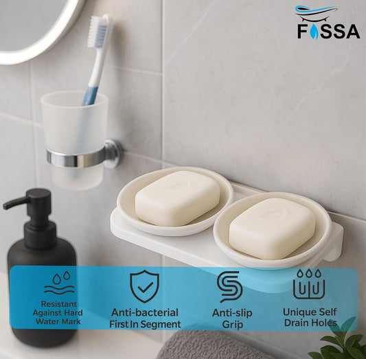 Fossa Classic Quartz Ceramic Unbreakable Double Round Soap Dish – Wall Mounted, Rust-Proof, Self-Drain | Space-Saving Soap Holder for Bathroom – White (Glossy Finish)