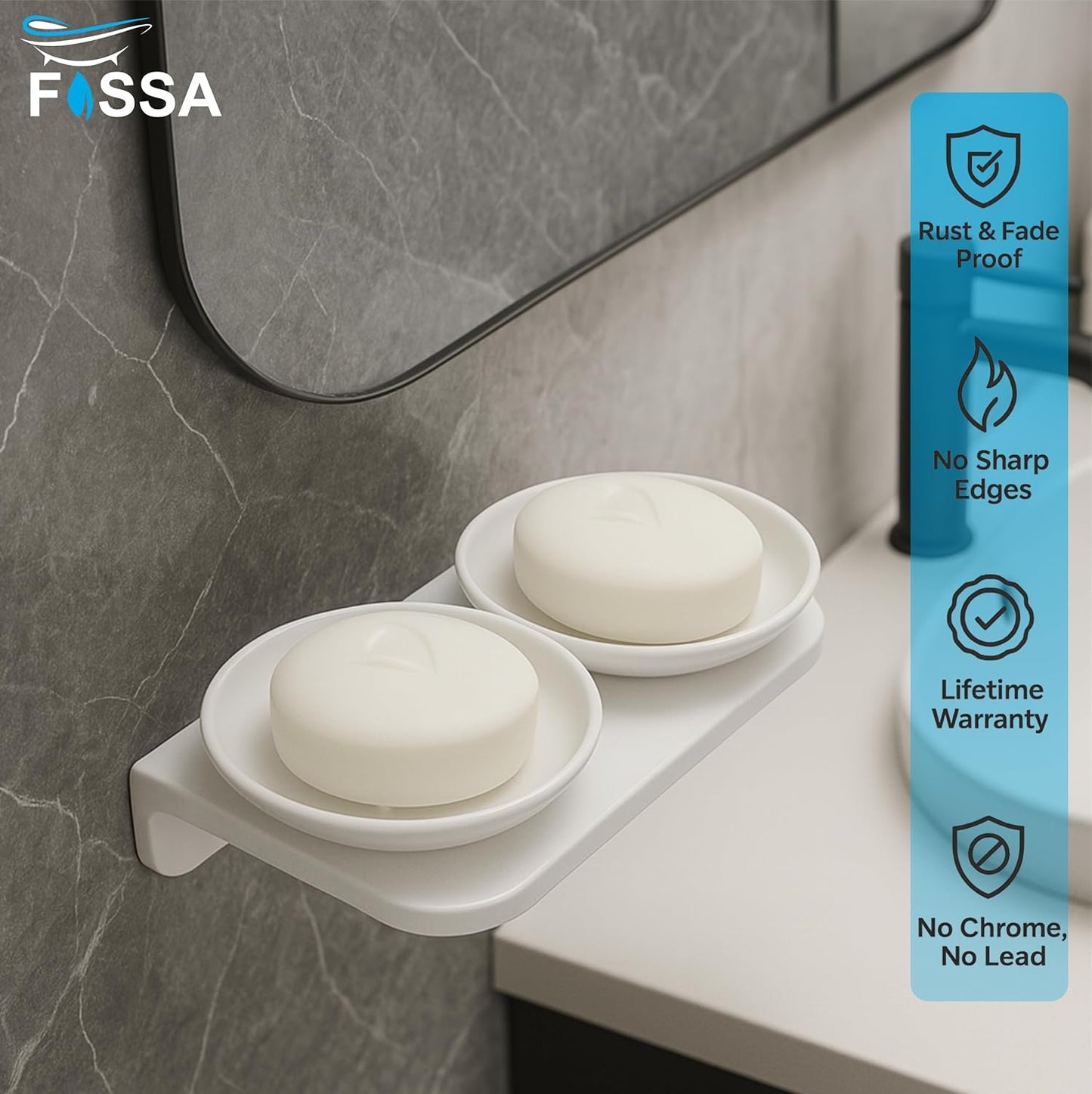 Fossa Classic Quartz Ceramic Unbreakable Double Round Soap Dish – Wall Mounted, Rust-Proof, Self-Drain | Space-Saving Soap Holder for Bathroom – White (Glossy Finish)