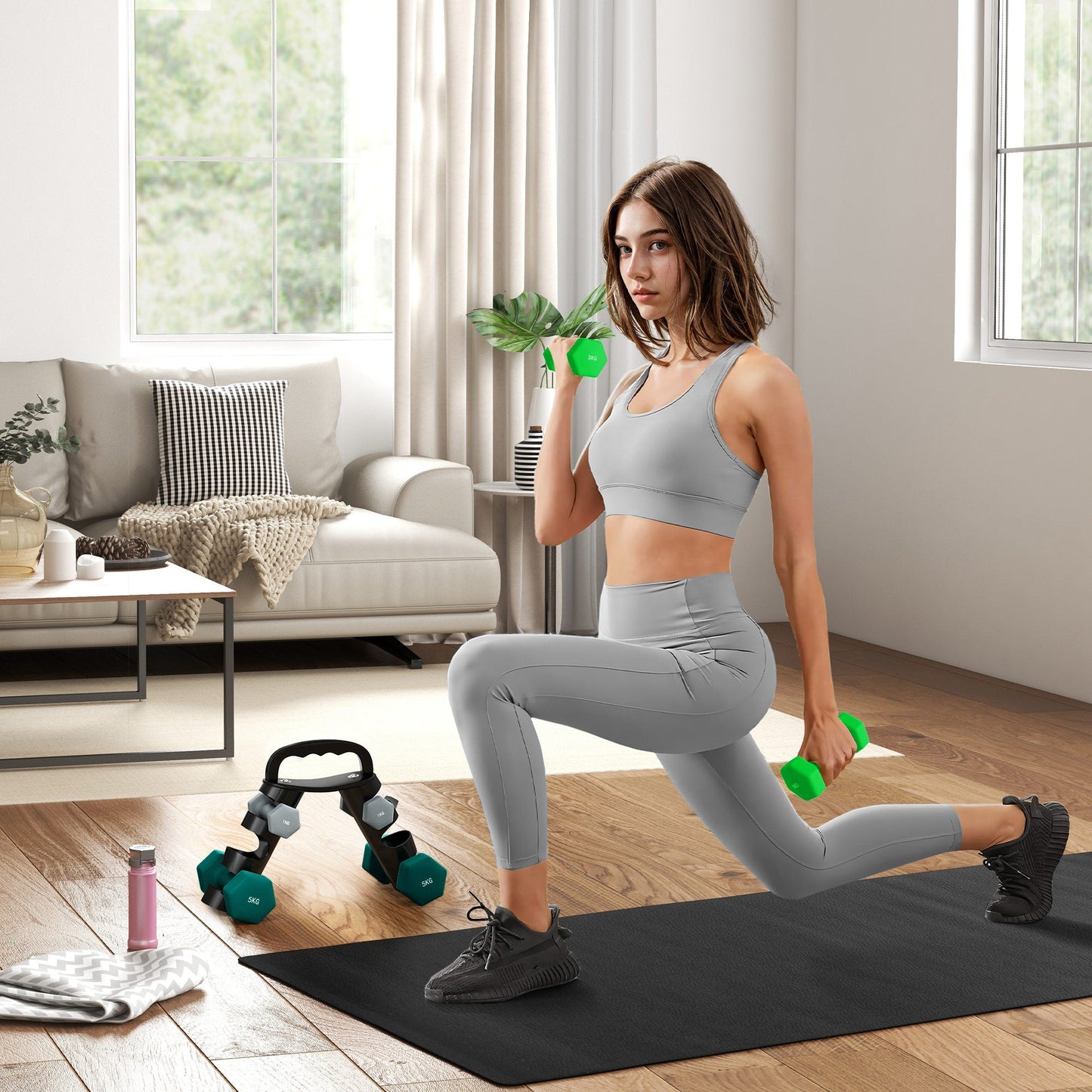Set of 6 Dumbbells with Storage Rack - Hex Weight Lifting Kit