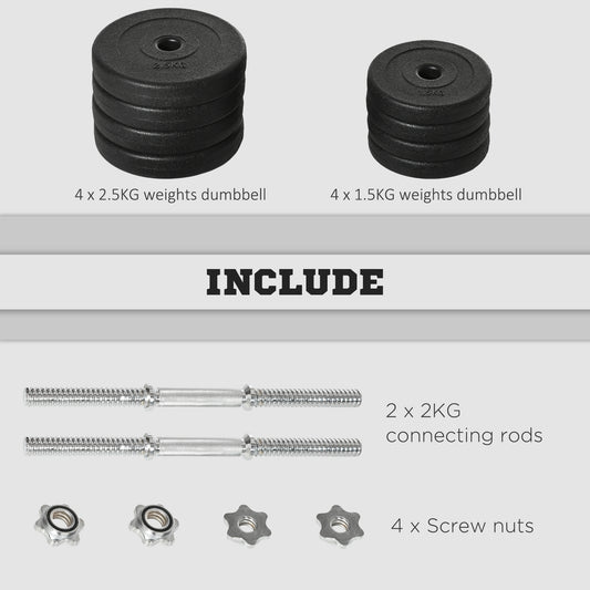 20KG Adjustable Weights Dumbbells Set, Dumbbell Hand Weights for Home Office Gym Body Fitness Lifting Training, Black | HOMCOM