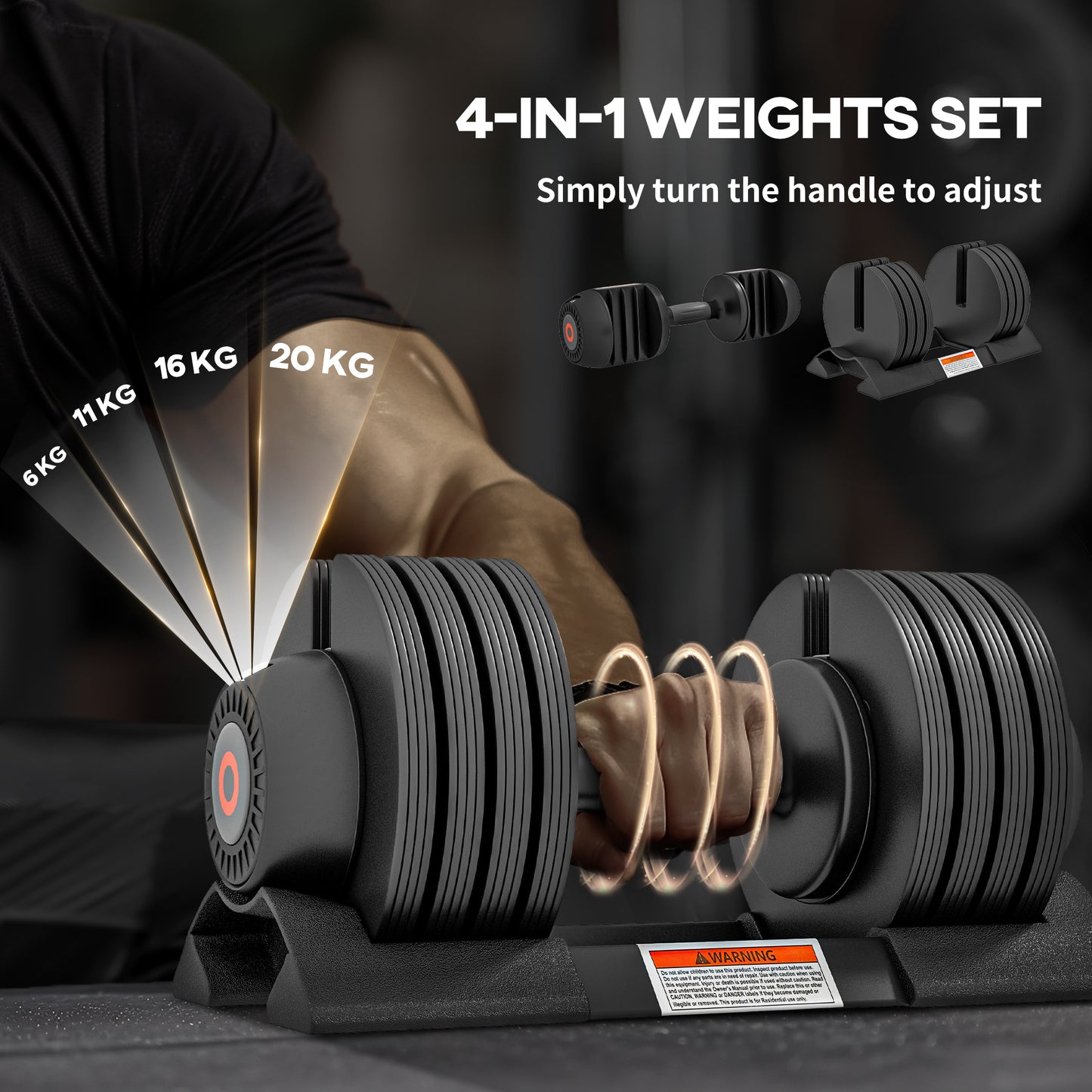 Adjustable Dumbbells Set, 4-in-1 Weights Set with Storage Tray and Non-Slip Handle, 6KG 11KG 16KG 20KG | SPORTNOW