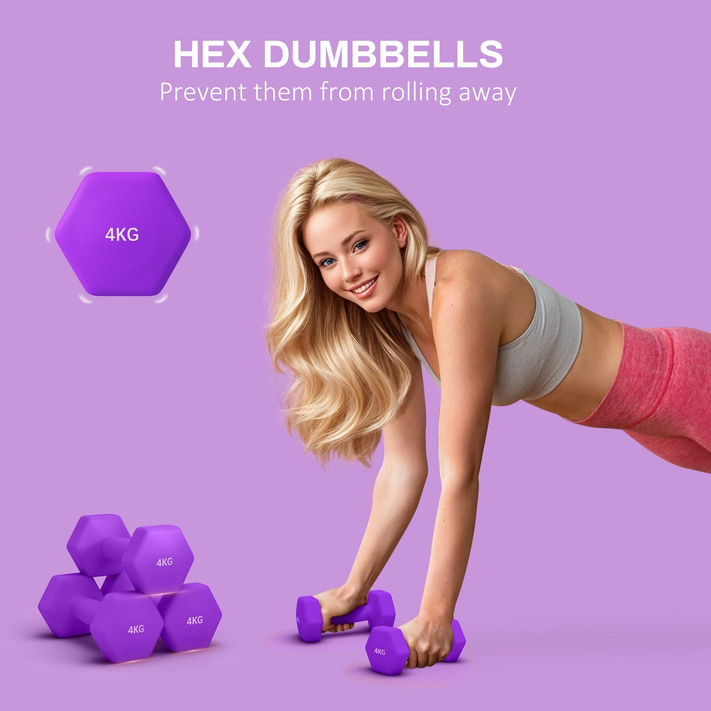 Set of 2 Hexagonal Dumbbells 4kg with Non-Slip Grip - Purple