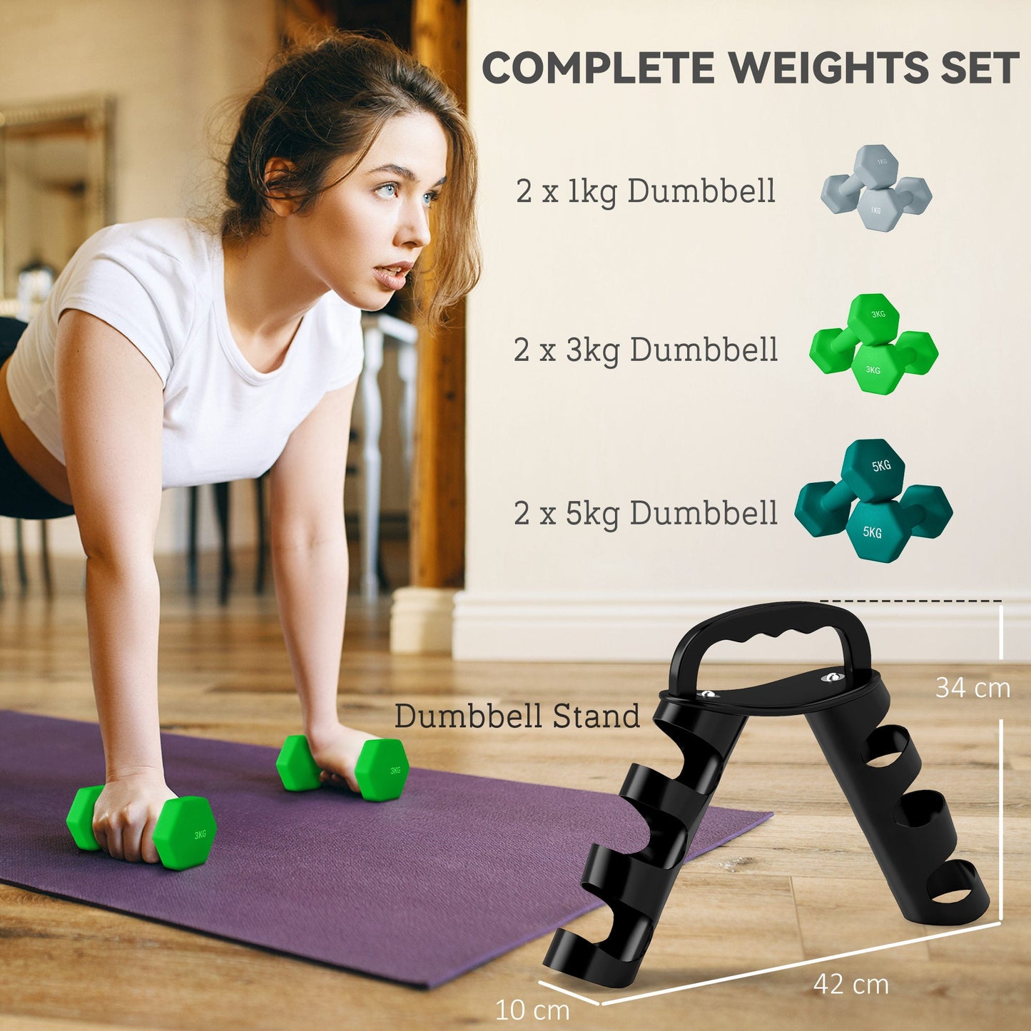 Set of 6 Dumbbells with Storage Rack - Hex Weight Lifting Kit