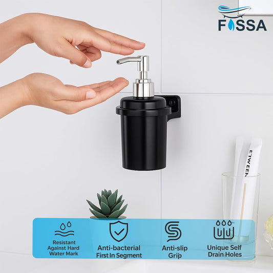Fossa Classy Wall Mounted Soap Dispenser for Bathroom & Kitchen – Dispenser for Hand Wash, Face Wash, Shampoo & Dish Liquid | Ceramic Body Black (Glossy Finish)