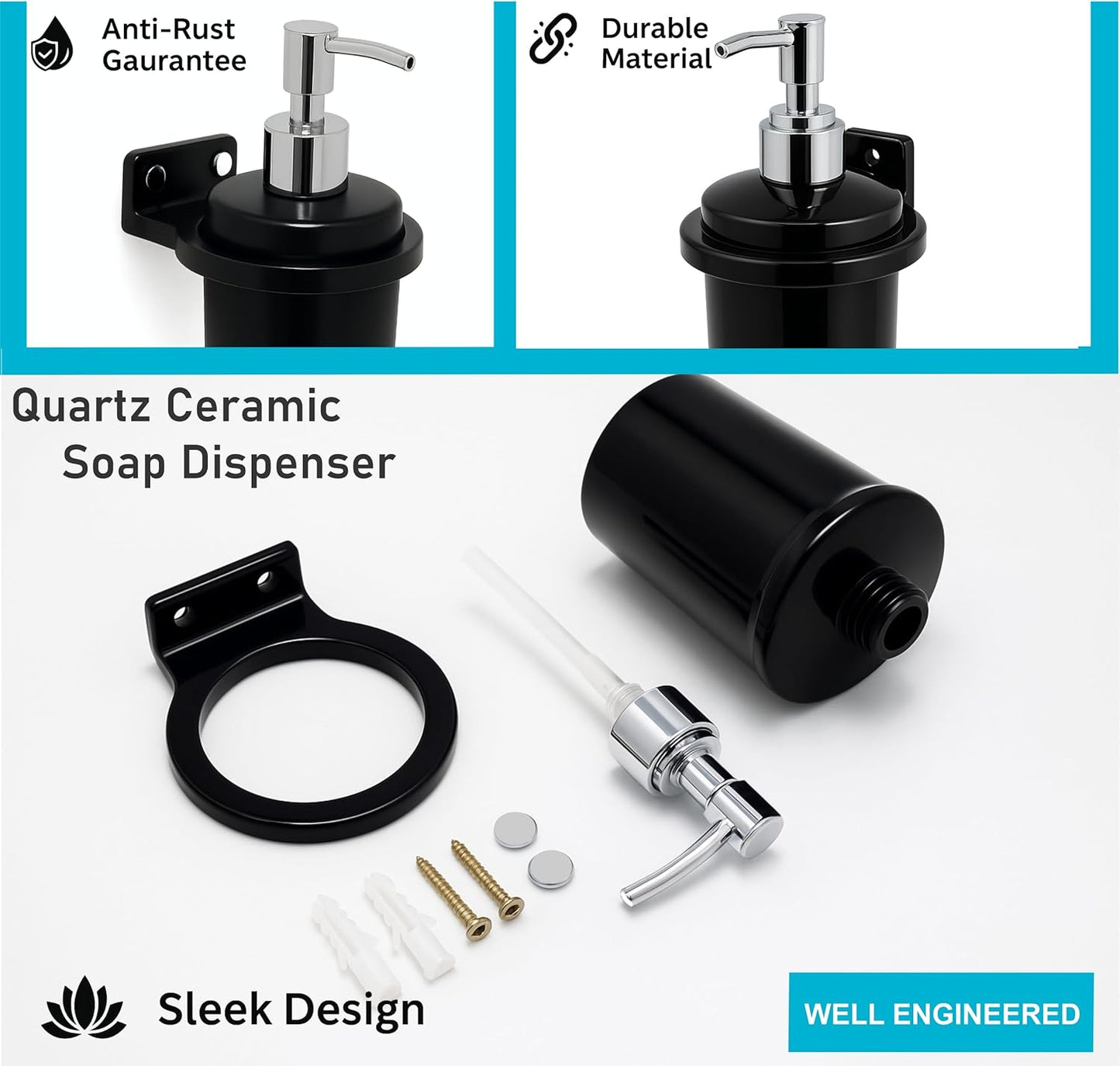 Fossa Classy Wall Mounted Soap Dispenser for Bathroom & Kitchen – Dispenser for Hand Wash, Face Wash, Shampoo & Dish Liquid | Ceramic Body Black (Glossy Finish)