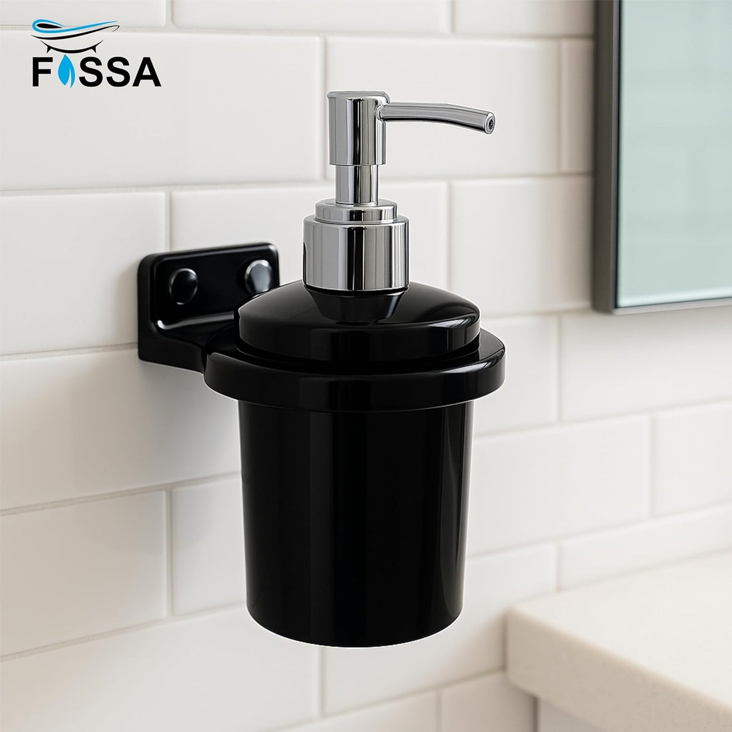 Fossa Classy Wall Mounted Soap Dispenser for Bathroom & Kitchen – Dispenser for Hand Wash, Face Wash, Shampoo & Dish Liquid | Ceramic Body Black (Glossy Finish)