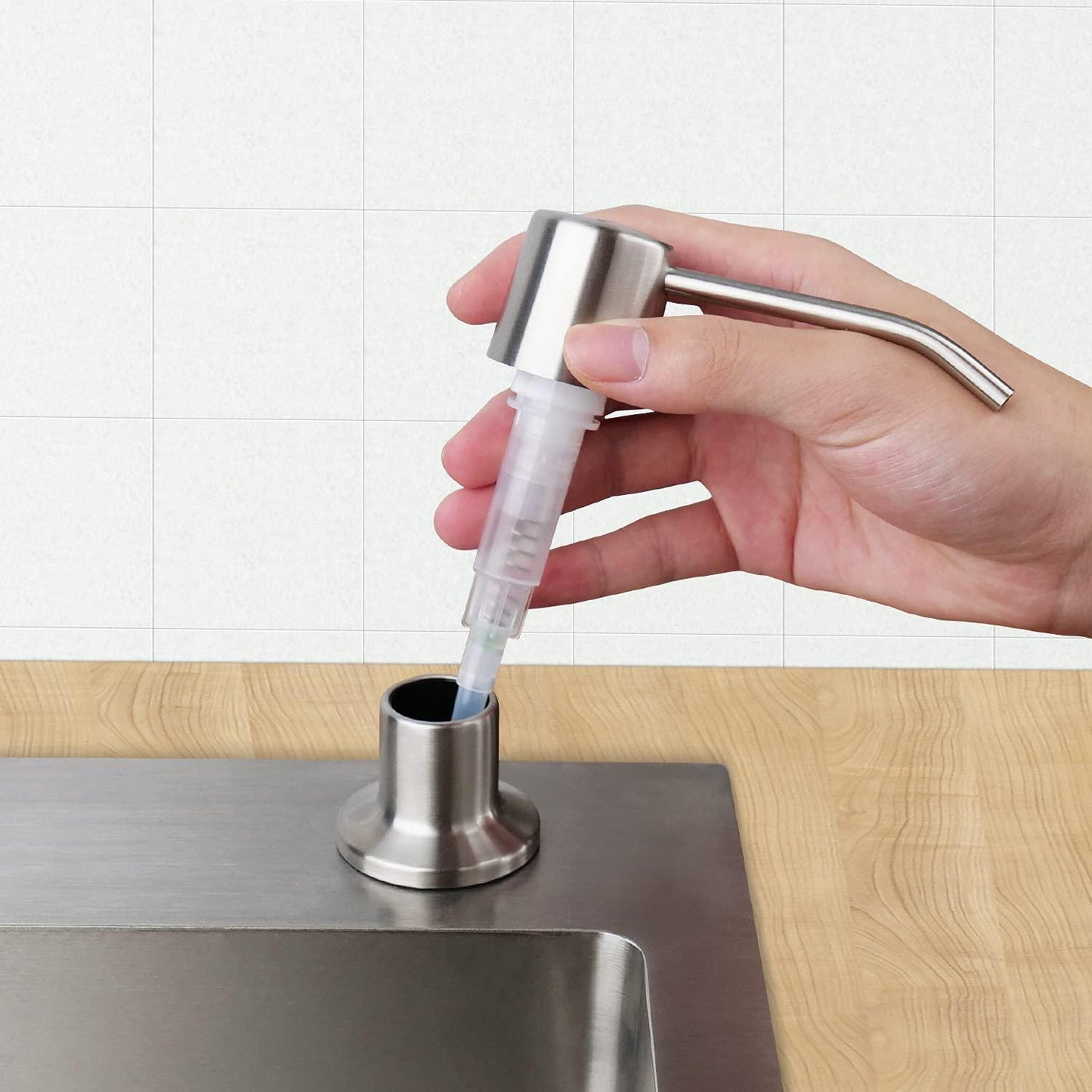 Fossa Soap Dispenser for Kitchen Sink Stainless Steel Built in Sink Soap Dispenser with Refillable Bottle 300ml Capacity Brushed Nickel