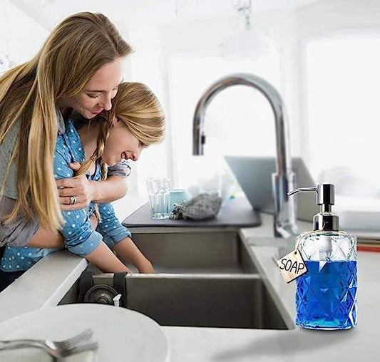Fossa Diamond Design Glass Soap Dispenser, Kitchen Soap Dispenser with Rust Proof ABS Pump, Bathroom Soap Dispenser for Hand Soap, Soap, Lotion(Clear)