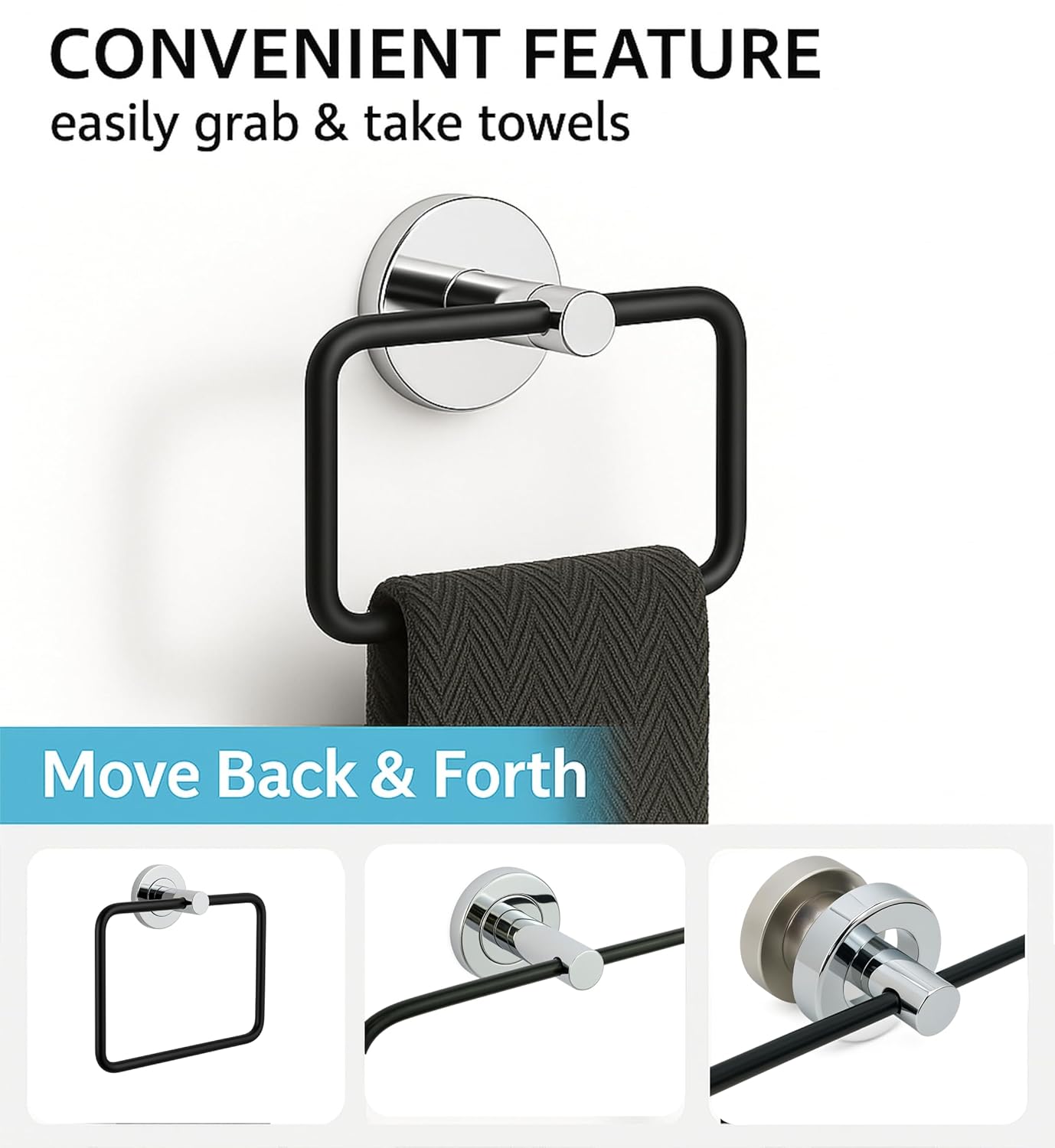 Fossa Stainless Steel Square Towel Ring for Bathroom, Napkin Holder for Wash Basin, Napkin Holder Chrome Finish (Black + Silver)
