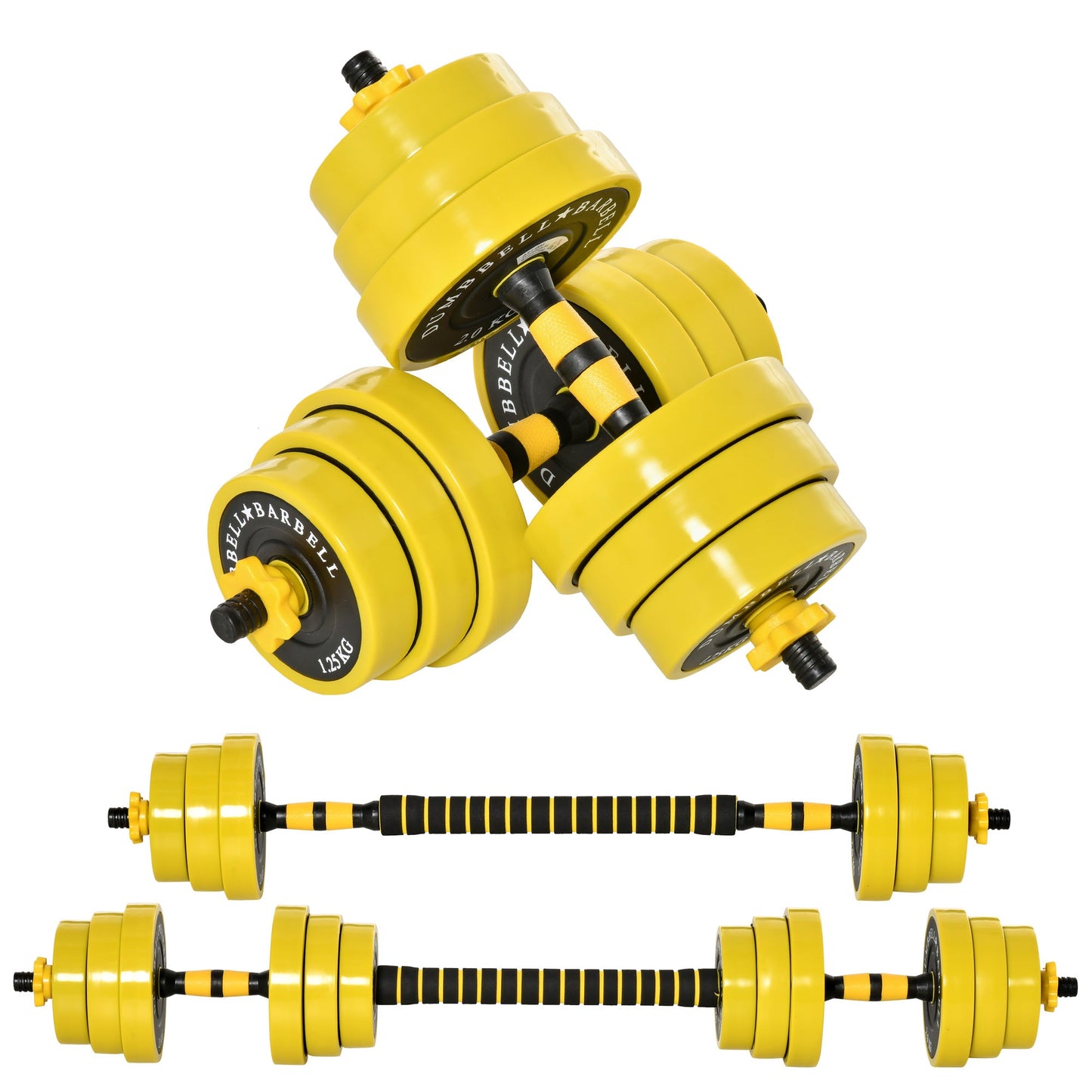20kg Adjustable Dumbbell and Barbell Set with Iron Plates and Ergonomic Bar - Black
