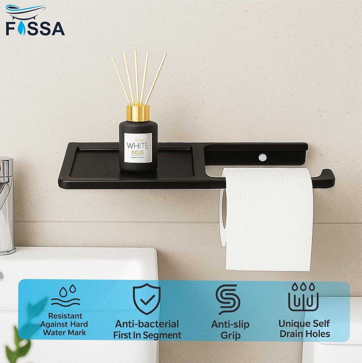 Fossa Toilet Paper Holder with Mobile Stand – Wall Mounted, No Sharp Edges, Rust & Fade Resistant | Sleek Toilet Holder for Small Bathrooms & Modern Décor | Black (Quartz Ceramic)