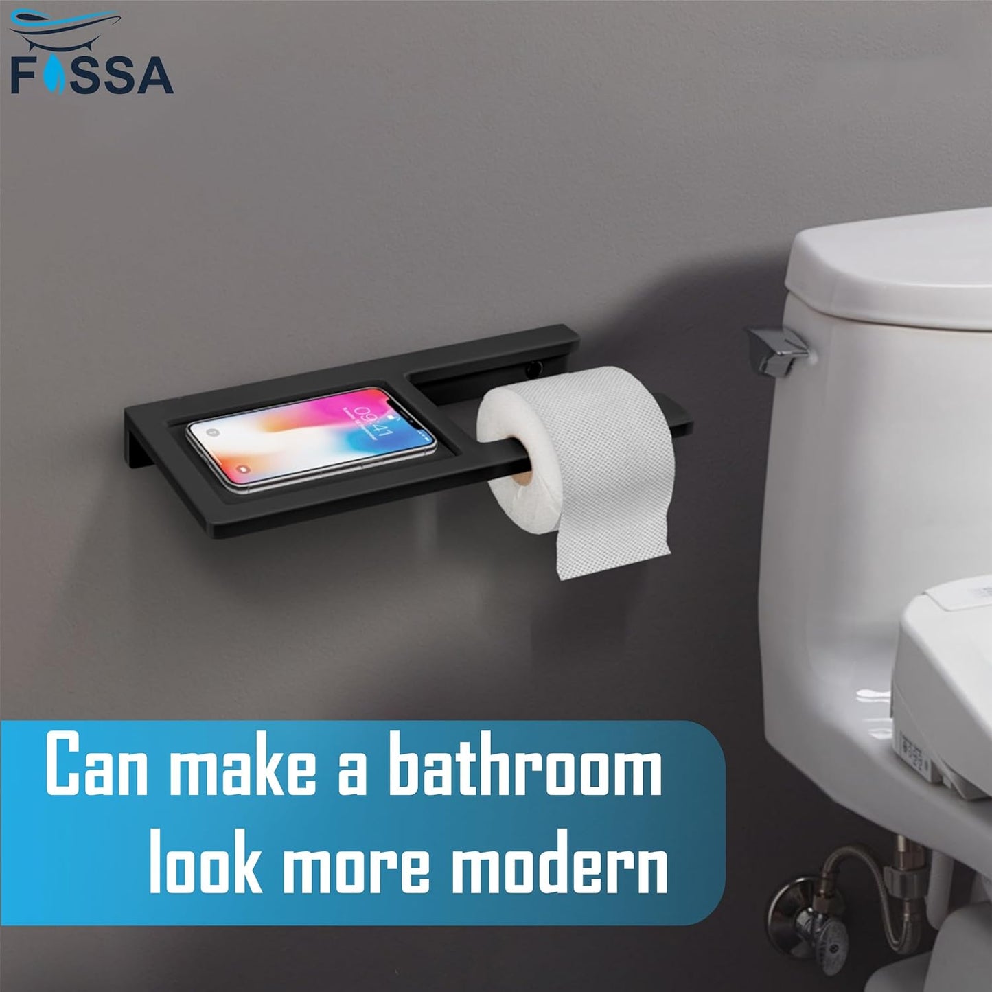Fossa Toilet Paper Holder with Mobile Stand – Wall Mounted, No Sharp Edges, Rust & Fade Resistant | Sleek Toilet Holder for Small Bathrooms & Modern Décor | Black (Quartz Ceramic)