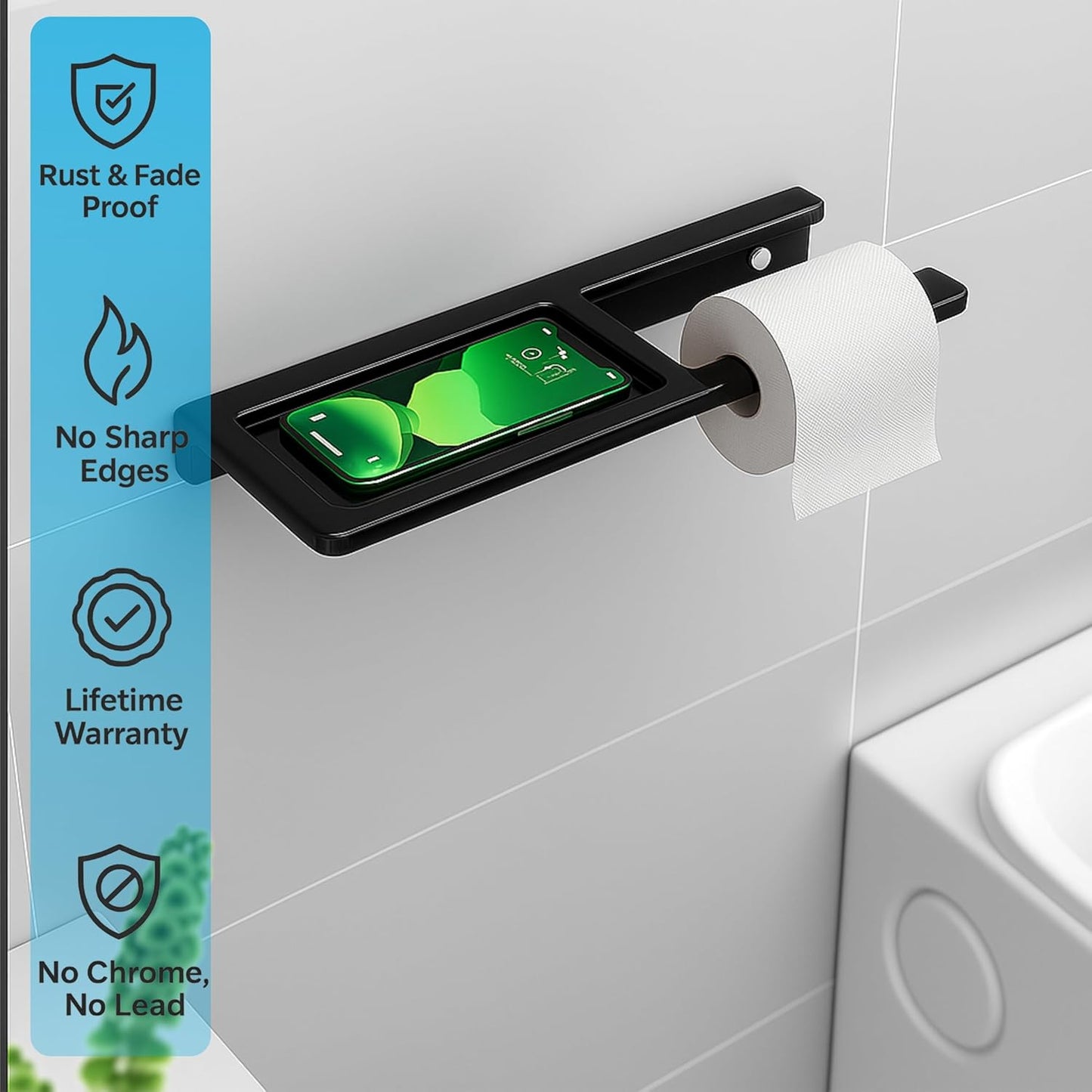 Fossa Toilet Paper Holder with Mobile Stand – Wall Mounted, No Sharp Edges, Rust & Fade Resistant | Sleek Toilet Holder for Small Bathrooms & Modern Décor | Black (Quartz Ceramic)