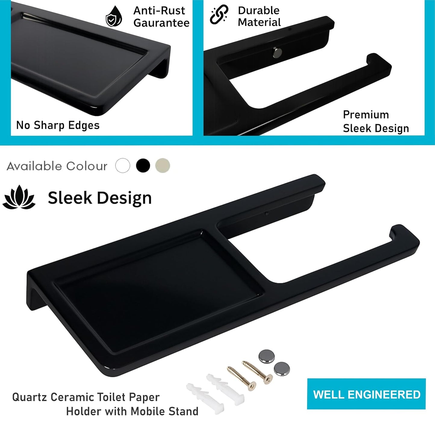 Fossa Toilet Paper Holder with Mobile Stand – Wall Mounted, No Sharp Edges, Rust & Fade Resistant | Sleek Toilet Holder for Small Bathrooms & Modern Décor | Black (Quartz Ceramic)