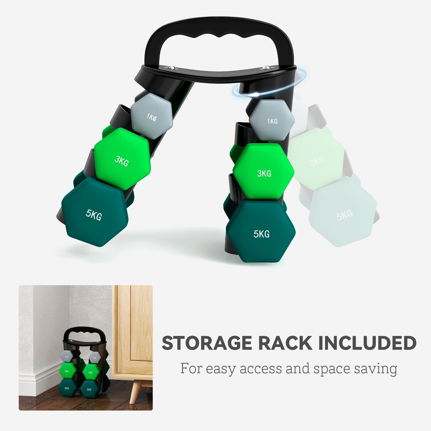 Set of 6 Dumbbells with Storage Rack - Hex Weight Lifting Kit